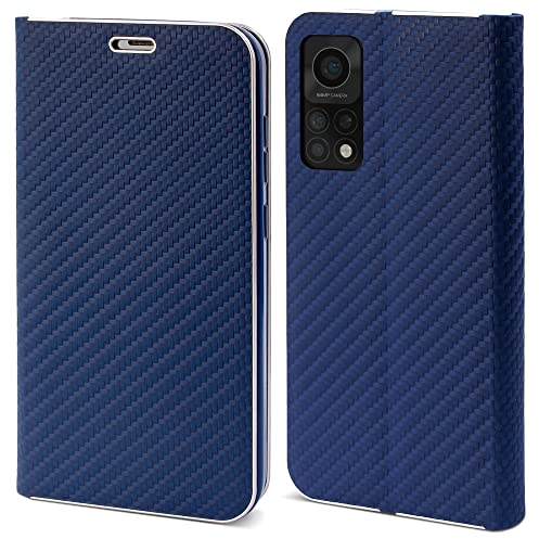 Moozy Hülle für Xiaomi Mi 10T 5G, Mi 10T Pro 5G, Dunkelblau Carbon – Metallischer Kantenschutz Klapphülle Handyhülle mit Kartenfach und Standfunktion