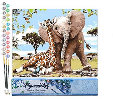 Figured'Art Peinture par Numéro Adulte Amis Eléphant & Girafe - Activité Manuelle Kit de Loisir Créatif DIY Numéro d'Art Complet - 40x50cm sans châssis en bois