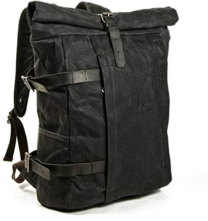 VZVABAG Rucksack Daypack Roll Top Wasserdicht Canvas & Leder Vintage Herrem Damen Backpack (black)