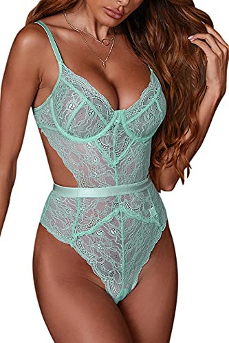 EVELIFE Body Donna Sexy Pizzo Lingerie Babydoll Uno Pezzo Teddy Lingerie Intima da Notte (Menta verde, S)