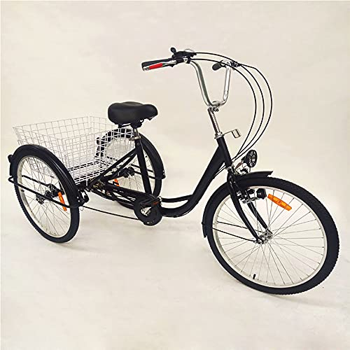 TIXBYGO 24 Zoll Zahnräder Dreirad für Erwachsene,6-Gang Erwachsenen Dreirad mit Lampe,3-Rad Fahrrad mit Einkaufskorb,Dreirad für Erwachsene Komfort Fahrrad Outdoor Sports Urban Schwarz (Schwarz)