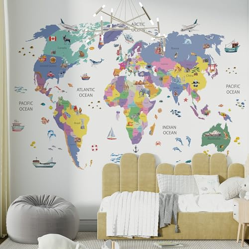 Kids Wallpaper World Map with Animals Wall Mural Wall Stickers Removable Peel and Stick Wall Murals for Girls Boys Kids Nursery Wall Decal Stickers Waterproof Wallpaper Bedroom Living Room Self
