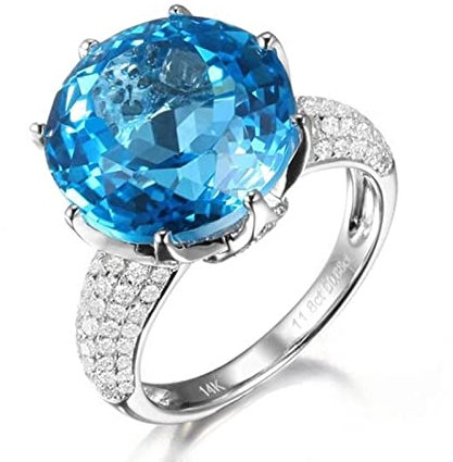 18 Karat (750) Weißgold Engagement Ring, Vintage Ringe Runder Topas 12,5 ct Weißer Diamant 0,88 ct Blau Topas Ring Größe 60 (19.1)