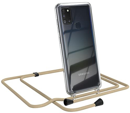EAZY CASE Handykette kompatibel mit Galaxy A21s Handyhülle mit Umhängeband, Handykordel mit Schutzhülle, Silikonhülle, Hülle mit Band, Stylische Kette für Smartphones, Taupe - Clips Schwarz