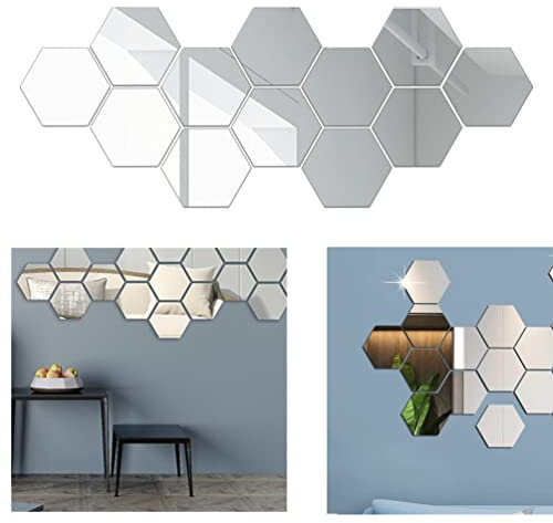 SamHeng 12 Pcs Hexagon Mirror Wall Sticker, Bathroom Acrylic Mirror Stick On Wall Self Adhesive Mirror Tiles Removable Aesthetic Wall Decor for Bedroom Living Room