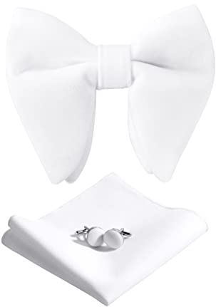 HOULIFE Fliege Herren Set - Verstellbare Fliege aus Samt Vorgebunden Fliege, einfarbige Einstecktuch, Manschettenknöpfe Set für Bräutigam Hochzeit formal mit Geschenkbox (Weiß)