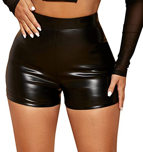 Damen Sexy LederShorts Hohe Taille PU Lederoptik Kurze Hose Push up Lederimitat Kunstlederhose, Damen Hot Pants Wetlook Shorts Hohe Taille Kurze Hose Lackleder Breiter Bund Tanz Outfits (Black, M)