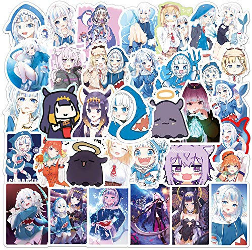 50 Aufkleber für Gawr Gura, Hololive Vtuber Aufkleber, Teenager, Jungen und Mädchen, Vinyl, Skateboard, Gitarre, Tür, Laptop, Gepäck, Auto, Fahrrad, Wasserflasche, Geburtstagsparty-Zubehör