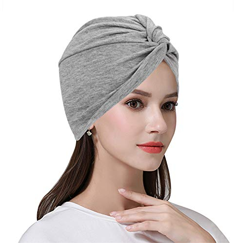ITODA Turban Damen Mode Kappe Afrikanisch Kopftuch Kopfwickel Mütze Vorgebunden Knot Schlafhut Baumwolle Turbanhut Elasitisch Schlafmütze Plissee Kopfbedeckung für Haarverlust Schlafen Freizeit Grau