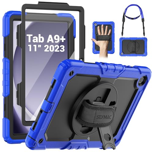SEYMAC Funda para Samsung Galaxy Tab A9 Plus 11 2023, Funda Tab A9 Plus con Protector de Pantalla, Soporte Giratorio de 360°/Correa de Mano, Correa para el Hombro, con Soporte para Bolígrafo, Azul
