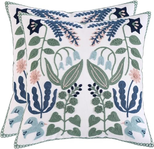 Tosleo 2 Stück Kissenhülle Bestickte 40x40cm Schlucken Blaue Blätter Kissenbezug Wurfkissenbezüge für Gartenlounge Sofa Dekokissen Wohnzimmer Schlafzimmer Bauernhaus