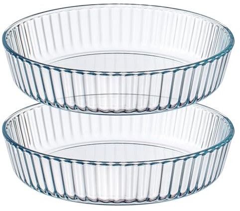 Domensi 2 Stück 25,4 cm tiefe Glas-Kuchenform zum Backen, klares Glas, runde Antihaft-Backplatte, Servierplatte mit geriffeltem Rand für Kuchen, Snacks, Salate, Desserts