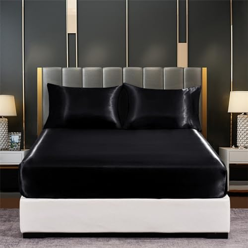 Tospass Satin Spannbettlaken 180x200cm Boxspringbett Topper Schwarz Luxus Seide Glanzsatin Spannbetttuch Glatt Leintuch Weiche Microfaser Bettlaken für Matratze bis 15-30cm Hohe