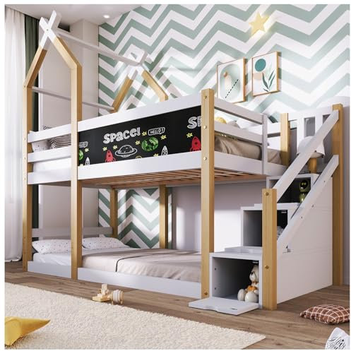 CGLYYDS Kinderbett Hausbett 90x200cm Etagenbett für 2 Kinder, Hausbett Kinderbett mit mit Schublade und Rausfallschutz,Hochbett für Kinder, 2X Lattenrost, Stockbett Jugendbett