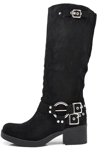 IF Fashion Scarpe Stivali da Donna Al Polpaccio Biker Motociclista Con Fibbie Anfibi Camoscio 660-5 nero N.39