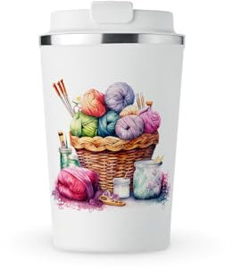 MAXIKIWI Isolierter doppelwandiger, auslaufsicherer Edelstahlbecher, Kaffee- oder Tee-Reisebecher mit Deckel, hält Getränke heiß und kalt, Häkeln, Stricken, Aquarell, 350 ml
