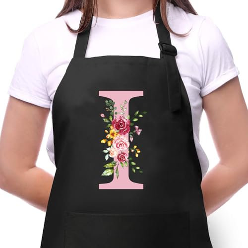 Delantal Cocina Mujer con Inicial y Flores, Delantales Impermeables con Bolsillos, Delantal de Barbacoa Ajustables para Cocina Café Jardinería Hornear, Regalo de Cumpleaños para Mamá Esposa Abuela I