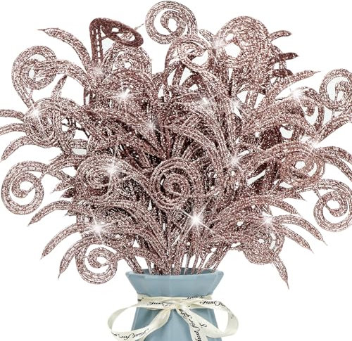 Glitzer-Weihnachtsblätter, künstliche Blätter, Sprühspieße, Weihnachtslaub, Weihnachtsbaumfüller, Zweige, Weihnachtskranz, Dekoration für DIY-Kranz, Hochzeit, Tischdekoration, Roségold, 12 Stück