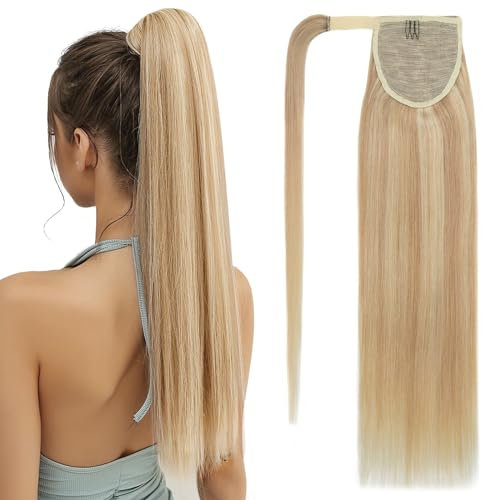 SEGOHAIR Pferdeschwanz Haarteil Echthaar Extensions Zopf 20(50cm) Clip in Extensions Echthaar Lang Glatt Echte Haare Extensions Echthaar Remy Dunkelblond gemischt mit Bleichblond-95g