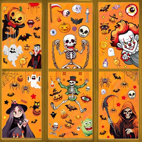 BSITSSS 6 Hojas Pegatinas de Halloween, Doble Cara PVC Calcomanías para Fiesta, Decoración de Ventanas, Pared y Puerta