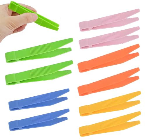 Lot de 10 pinces à épiler colorées en plastique pour enfants - Accessoires pour l'entraînement avec des mouvements fins - Pince à épiler à tête plate - Pince à épiler en plastique pour enfants - Pour