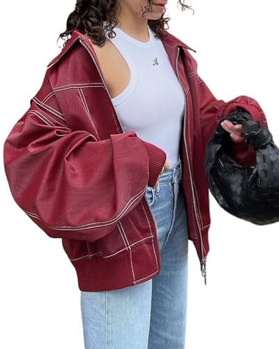 utcoco Women's Faux Leather Motorcycle Jacket Oversized Zip Up Winter Coat Outerwear 2025 Fall Fashion Clothes (Medium, Red)