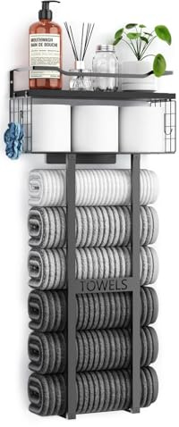 Aetyord Towel Racks for Bathroom 31inch Wall Mounted Towel Rack,Floating Shelf with Wood Plank,Towel Storage for Bathroom can Holds 6 Large Rolled Towels,All Black