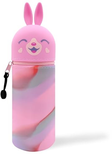 QRKPVHD 2-in-1 Weiche Silikontasche - Kawaii Federmäppchen, Stand Up Federmäppchen, Tier Stifthalter, Stifthalter Bleistifttasche Mädchen Junge, Rosa Kaninchen