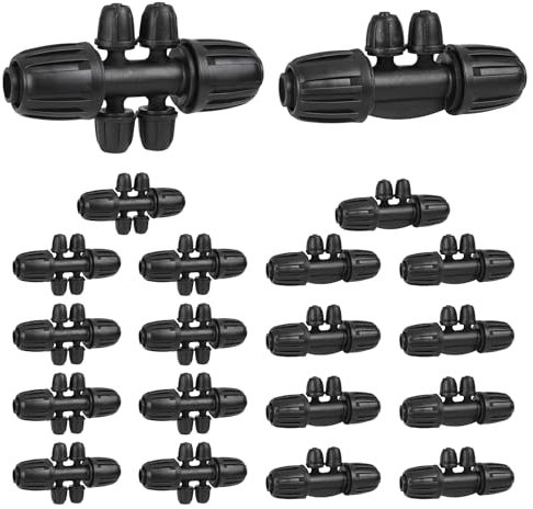 Kit di irrigazione a goccia da 1/2 pollice a 1/4 di pollice per tubo di irrigazione da 16 mm, connettore per tubo da giardino (10 pezzi a 4 vie+10 pezzi a 6 vie)