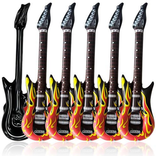 YOUNGSAY 6 Pezzi Chitarra Gonfiabile, 90cm Fiamma Chitarra Gonfiabile Rock, Freddo Chitarra Elettrica Bambini Gonfiabile per Carnevale/Festa a Tema/Carnevali
