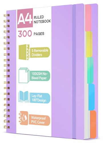 ihaspoko A4 Notizbuch mit Register - 100g/m² nicht durchscheinendes Papier, 300 Seiten, PVC Hardcover, Spiralbindung für Schule, Büro & Geschenke