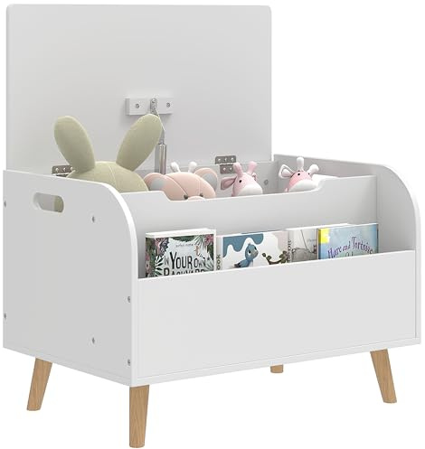 AIYAPLAY Coffre à jouet enfant avec couvercle rabattable, coffre de rangement enfant, compartiment ouvert, charnière de sécurité, rangement jouet pour filles garçons de 3 à 8 ans, 60x40x43cm, blanc
