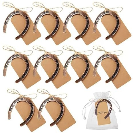 HMCEY 10 Stück Hufeisen Deko Set,Glücksbringer Hufeisen Hochzeitsgeschenk mit Hanfseil Kraftpapieranhänger,Geschenkanhänger Kraftpapier zum Beschriften,Geschenk Etiketten Anhänger für Dekorationen