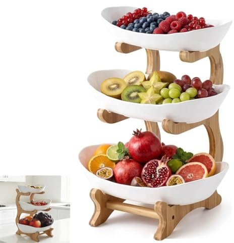 Zbozzba Frutero, estante de madera de tres niveles | Incluye dos abridores de naranjas y un pelador de naranjas, ideales para guardar verduras, frutas y aperitivos (PP)