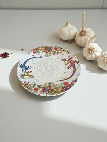 Rallador de porcelana con Cepillo para Ajo, Frutos Secos, Tomate, Queso con Diseño de Lagartos y Flores, 12 cm, Estilo Mediterráneo, Multicolor