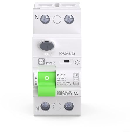 Disjoncteur différentiel de type B 2P 30 mA avec un pouvoir de coupure de 10 kA, convient pour les systèmes PV, les points de charge E et les installations UPS, configuration TRD4B-63 2P pour