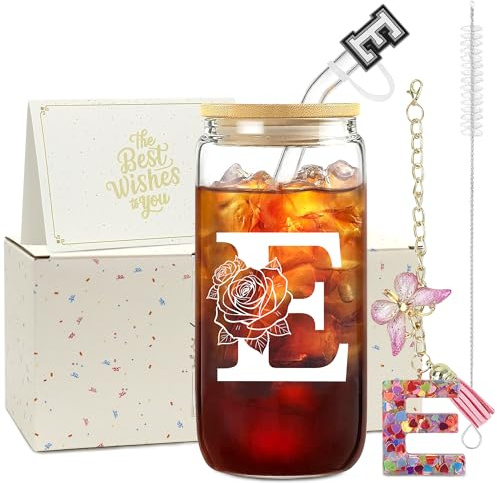 ZIOSINM Cadeau Anniversaire Femme Tasse Personnalisable Cadeau Femme | A-Z Lettre 500 ml Verre Matcha, Verre avec Ouvercle et Paille + Porte-clés, Idee Cadeau Femme pour Noël ou Saint-Valentin
