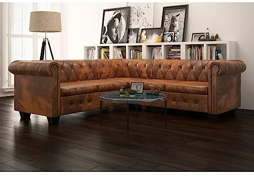 YunCangg Chesterfield-Ecksofa, 5-Sitzer, braunes Kunstleder, Robustes Design für Wohnzimmer, Büro und Empfangsbereiche, langlebige Holzstruktur