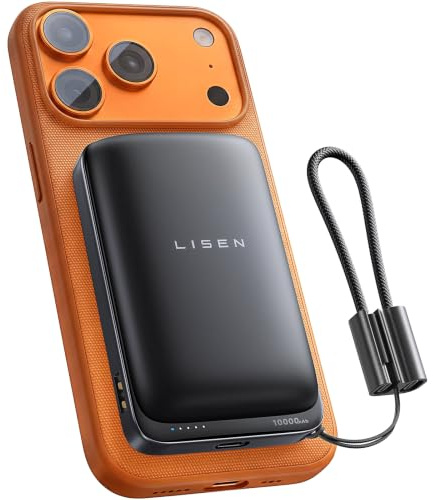 LISEN Qi2.2 25W Power Bank for MagSafe, 45W Wired Power Bank Fast Charging | Detachable Cable,PD SuperCharge,10000mah,Durable Cylindrical Battery Cells for iPhone 17 Pro MAX 16 15