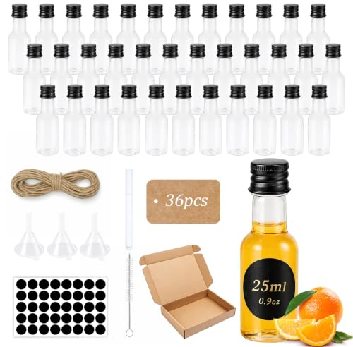 Yuaerbuo 36 Pack Miniature Alcohol Bottles 25ml, Reusable Shot Bottles with Lids, Empty Mini Plastic Bottle for Wedding Favour - Include Screw Cap Funnel Cleaning Brush Hangtag Label Rope and Pen