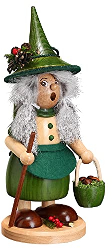 Drechselwerkstatt Uhlig Räuchermännchen Wichtelfrau mit Pilzkorb, grün - 25cm - Original Erzgebirge Räuchermann
