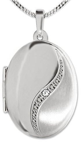 CLEVER SCHMUCK Damen Halskette 55 cm Medaillon oval 21 mm geschwungener Bogen mit Zirkoniastein Sterling Silber 925 im Schmucketui