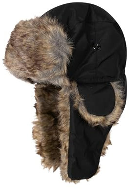 Sakkas Unisex Trooper Trapper Uschanka-Mütze, mit Kunstpelz gefüttert, mit Ohrenklappen, warm, russischer Flieger, Winddicht, kaltes Wetter, für Skijagd, für Damen und Herren, Kinnriemen - Schwarz