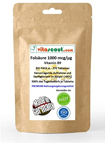 Folsäure 1000 mcg, 270 Vegane Tabletten, Folic Acid (Vitamin B9), 500% des Tagesbedarfs, Ohne Magnesiumstearat