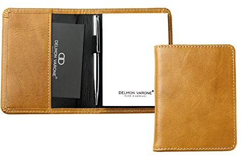 DELMON VARONE - Personalisierbares Notizblock Etui DIN A7 aus Leder Vintage Anilin braun, Taschen Memoblock im Lederetui mit Mini Kugelschreiber, Stiftschlaufe, Einschubfach und blanko Notizblöcke