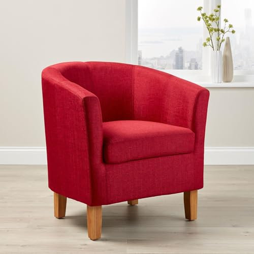 Home Source Tub Accent Chair - Fabric Armchair with Wooden Legs - Upholstered Single Sofa for Home, Office, Living Room - Single Sofa, Padded Foam Seat (Red)
