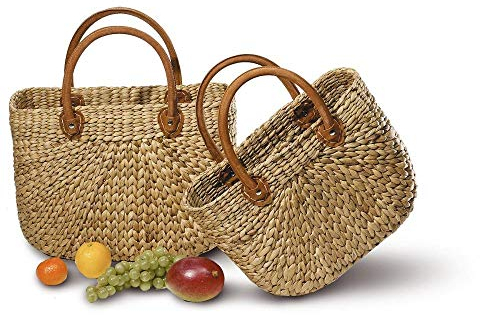Neustanlo | Einkaufstasche Elaro groß | Einkaufskorb Oval langer Henkel | aus Wasserhyazinthe | 44x17x26 cm | Echtlederhenkel