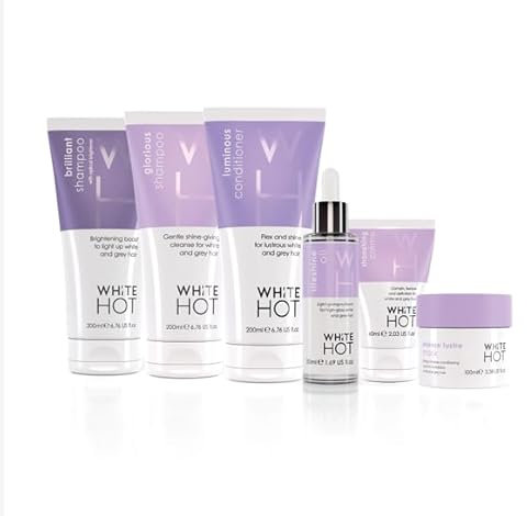 White Hot Ultimate Collection, hair care products to brighten, add gloss & shine to white and grey hair, purple shampoo, banishes yellowy tones.