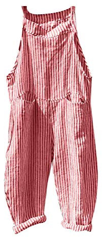 Minetom Salopette en Lin Coton Femme Chic Jumpsuit Rétro Rayures Sans Manches Combinaisons avec Poches Harem Sarouel Pantalon Rose FR 38