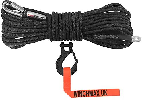 WINCHMAX Armourline Double Braided Synthetic Rope 20m x 10mm Minimum Break Load 21,000lb / 9,500kg with 3/8 inch Tactical Clevis Hook with safety Catch and Hand Saver.